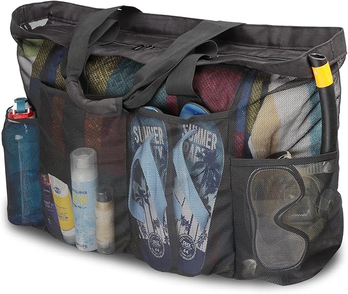 Extra Large Beach Bag Mesh Tote with Zipper and Pockets Ideal for Your Family Cruise/Beach Vacation Essentials