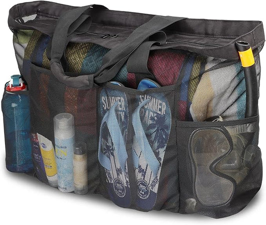 Extra Large Beach Bag Mesh Tote with Zipper and Pockets Ideal for Your Family Cruise/Beach Vacation Essentials