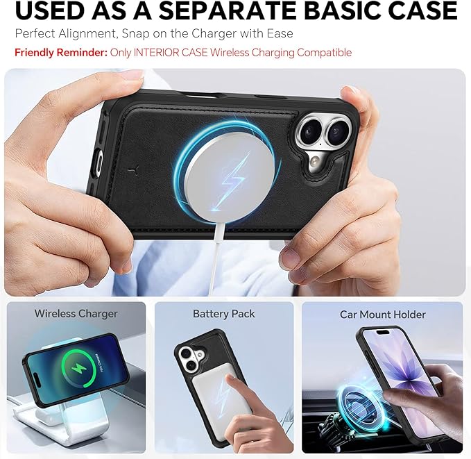 TUCCH 2-in-1 Detachable Wallet Case for iPhone 17 (6.3-inch) 2025, Wireless Charging | RFID Blocking 4 Card Holders | Wrist Strap | Kickstand | Magnetic | PU Leather | Protective Flip Cover | Black
