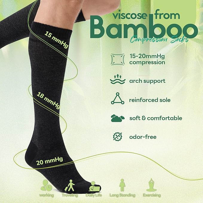 Iambamboo Compression Socks Women & Men, 15-20 mmHg Bamboo Viscose Knee High Soft Support for Flying Travel Daily