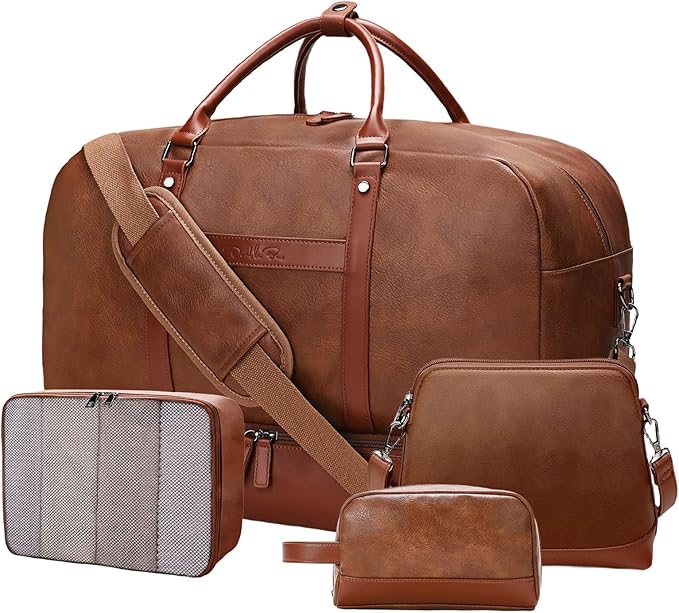 4PCS Duffle Bag for Travel, Weekender Overnight Bag for Women & Men, Large Leather Duffel Carry On with Shoe Compartment, Gym Sports Bag (Brown)