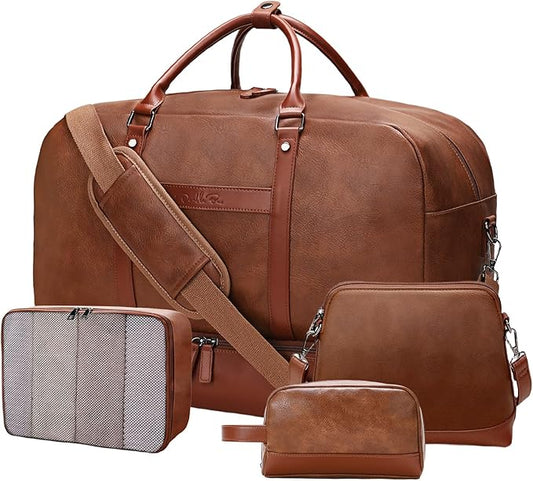4PCS Duffle Bag for Travel, Weekender Overnight Bag for Women & Men, Large Leather Duffel Carry On with Shoe Compartment, Gym Sports Bag (Brown)