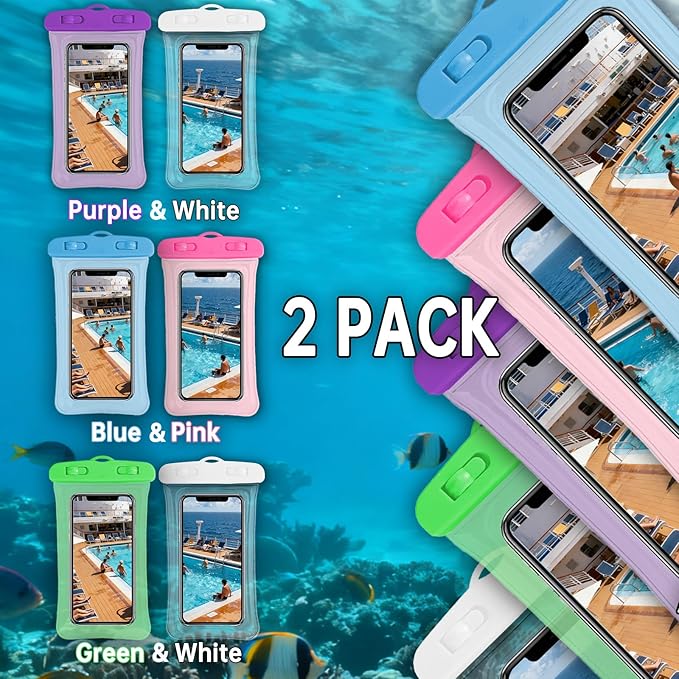 2 Pack Waterproof Phone Pouch, Waterproof Phone Case，Compatible with iPhone 17 16 15 14 13 Pro Max, IPX8 Cellphone Dry Bag Beach Cruise Ship Essentials 8.3" (Purple + White)