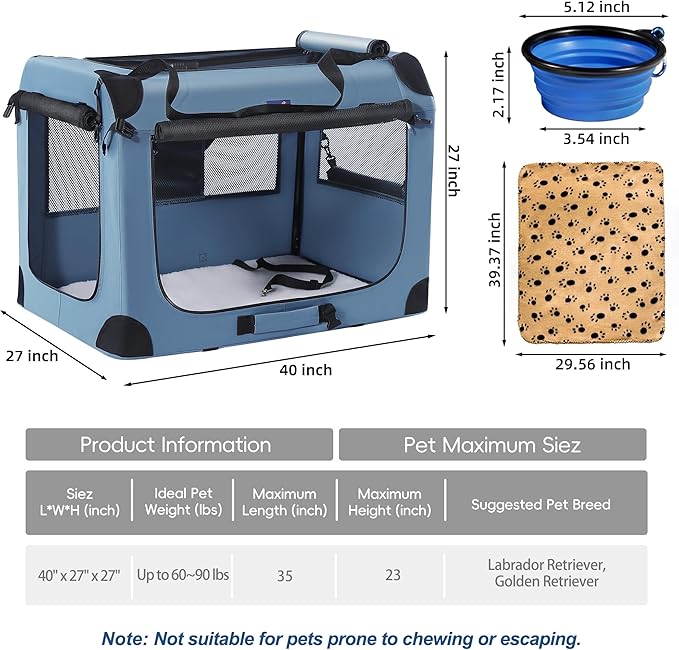 Petprsco Soft Collapsible Dog Crate, 40 inch Portable Dog Crates for Large Dogs, XL Dog Crate for Travel, 3 Door Foldable Pet Kennel with Durable Mesh Windows Indoor & Outside
