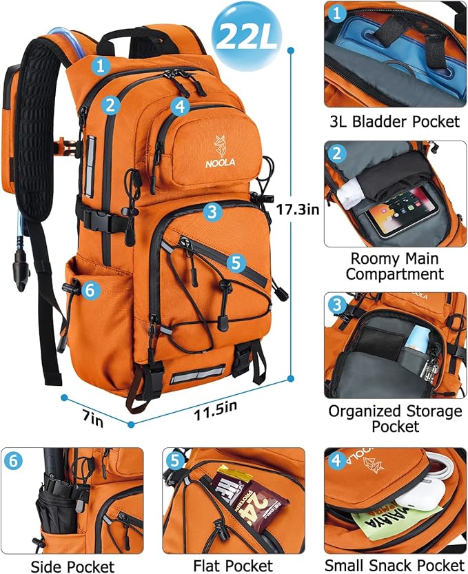 NOOLA Hydration Backpack with 3L Water Bladder - 22L Water Backpack for Hiking, Cycling, Running, Biking - Lightweight Hiking Pack Bag with Rain Cover, Phone Holder and Trekking Pole Holders, Orange