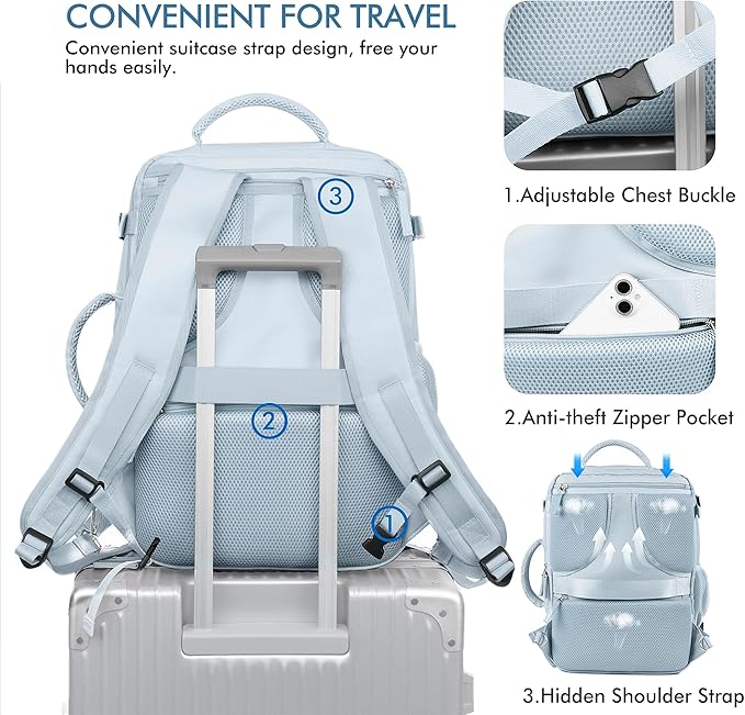 Beraliy Travel Backpack for Women Men, Carry On Backpack, 16 inch Laptop Backpack, Waterproof Casual College Daypack for Weekender Overnight Hiking, Light Blue