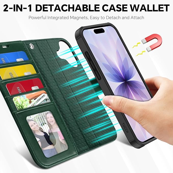 TUCCH Detachable Case Wallet for iPhone 17 (6.3") 2025, Removable Wrist Strap, Wireless Charging, Stand, 4 Card Slots RFID Blocking, 2-in-1 Magnetic, PU Leather, Shockproof Folio Cover, Evergreen