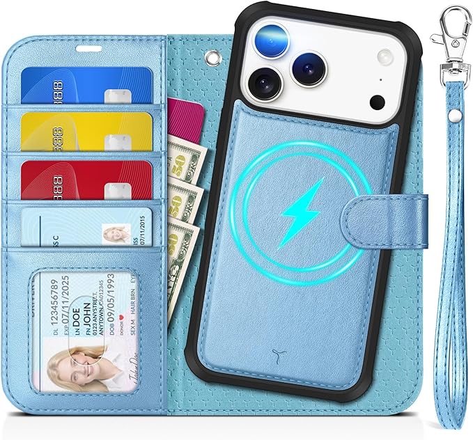 TUCCH Removable Case Wallet for iPhone 17 Pro Max 6.9", Detachable Wrist Strap, Wireless Charging, Stand, 4 Card Holders RFID Blocking, 2-in-1 Magnetic, PU Leather Shockproof Cover, Pearly Light Blue