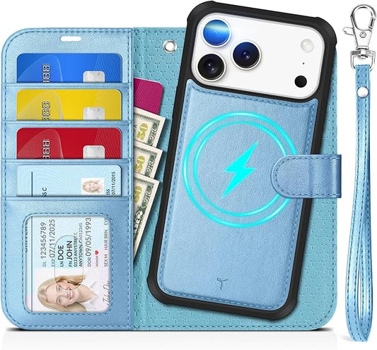 TUCCH Removable Case Wallet for iPhone 17 Pro Max 6.9", Detachable Wrist Strap, Wireless Charging, Stand, 4 Card Holders RFID Blocking, 2-in-1 Magnetic, PU Leather Shockproof Cover, Pearly Light Blue