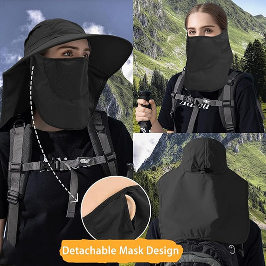 Sun Hats for Men Women Detachable Face Cover Wide Brim Fishing Hats with Neck Flap UPF 50+ Outdoor Safari Hats
