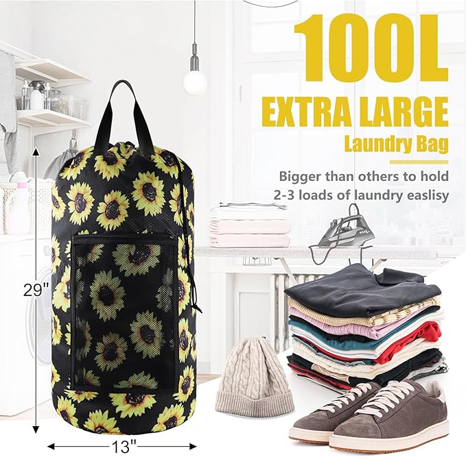 Laundry Bag Backpack, Extra Large Travel Laundry Bag with Mesh Pocket & Adjustable Shoulder Straps,Dirty Clothes Travel Bag for College Students Dorm,Apartment(Sunflower)