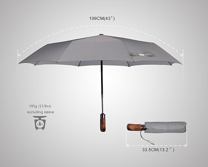 Balios Prestige Travel Folding Umbrella, Handmade Wood Handle, Auto Open & Close