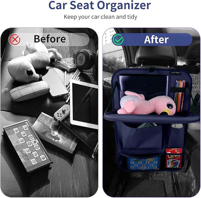 LUCMO Car Backseat Organizer with Tablet Holder,6 Storage Pockets Car Storage Organizer with Foldable Food Tray,Seat Protectors Kick Mats Travel Accessories-Dark Blue