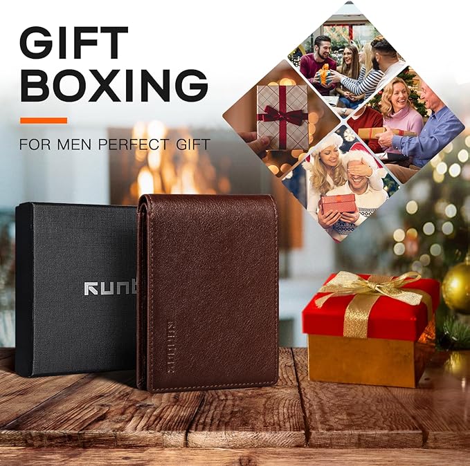 RUNBOX Wallet for Men Slim Leather Bifold RFID Blocking Minimalist Front Pocket Design with Gift Box
