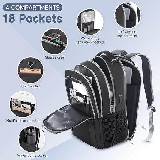 Multipocket TSA Black Travel Laptop Backpack for Men, Anti-Theft Work Business Backpack with USB Charging Port, Airline Approved Personal Item Bag,Water-Resistant Computer Bag Fits 16 Inch Notebook