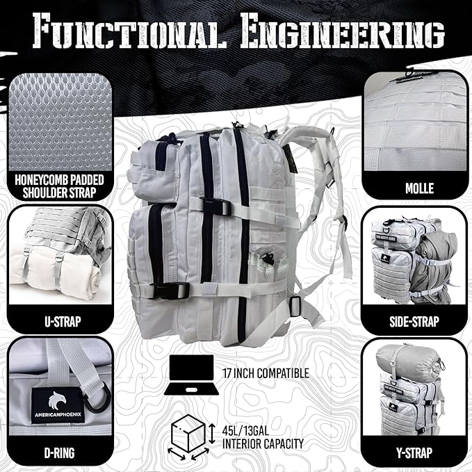 AMERICANPHOENIX 45L Elite Tactical Backpack | 3X Stronger Work & Military Backpack | Water Resistant and Heavy Duty | 3 Day MOLLE Bug Out Bag (Polar White)