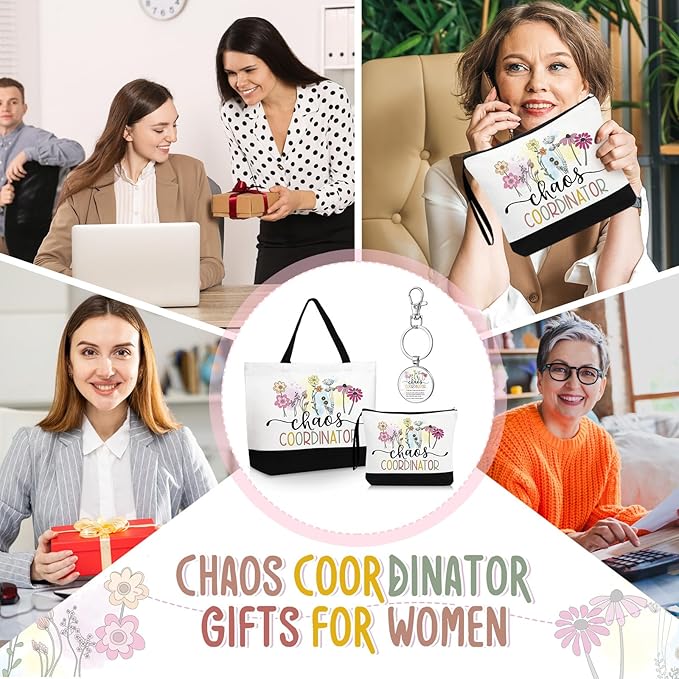 Kacctyen 3 Pcs Chaos Coordinator Gifts Fine Canvas Tote Bag Makeup Cosmetic Bag Chaos Coordinator Appreciation Keychains Gifts for Female Women Birthday