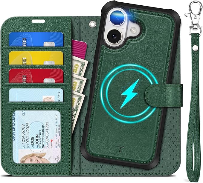 TUCCH 2-in-1 Removable Wallet Case for iPhone 17 (6.3-inch) 2025, Wireless Charging | RFID Blocking 4 Card Holder | Wrist Strap | Kickstand | Magnetic | PU Leather | Protective Flip Cover | Dark Green