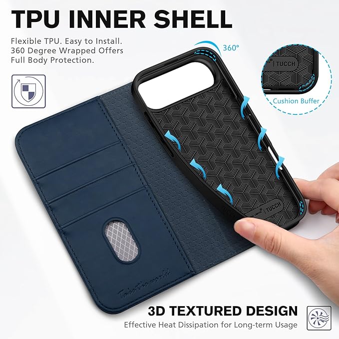 TUCCH Case Wallet for iPhone Air (6.5-Inch) 2025, 3 Card Slots | Kickstand | RFID Blocking | PU Leather | Protective Flip Folio Cover | TPU Shockproof Interior Shell | Deep Blue