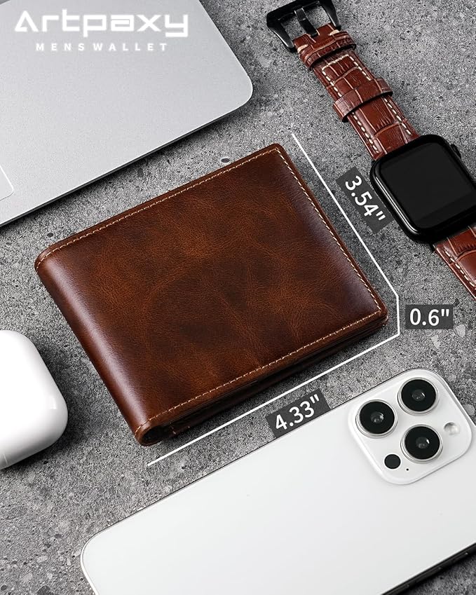 Artpaxy Mens Wallet Bifold Genuine Leather RFID Blocking Wallet for Men with 2 ID Windows 12 Card Holders 2 cash pockets 1 Gift Box