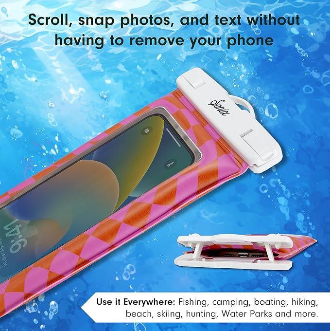 Sonix Waterproof Phone Pouch - Floating Phone Case Dry Bag w/Crossbody Lanyard - Beach Cruise Travel Essentials - Compatible w/All Devices, Touchscreen Friendly | Checkmate Pink/Orange