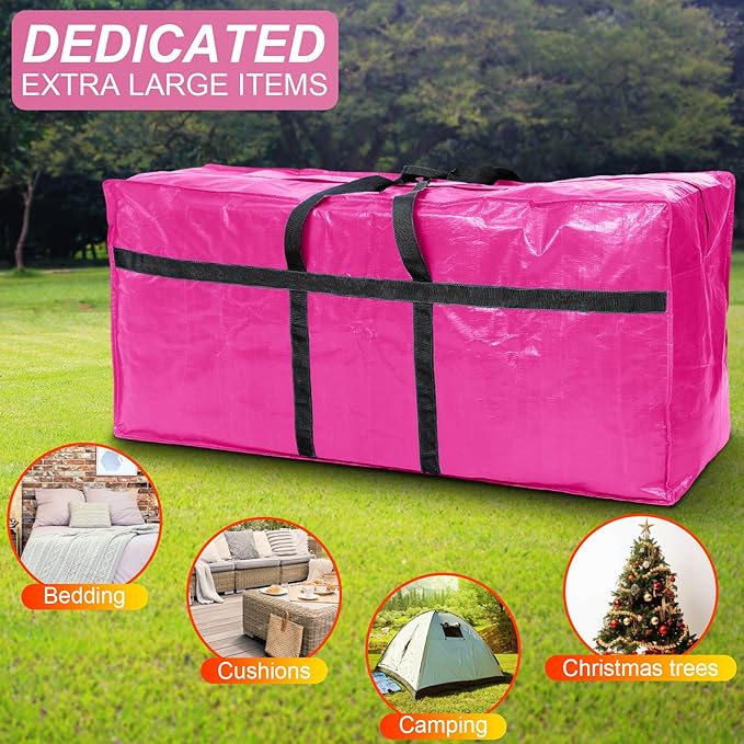 4 Pcs 66 Gallon Large Moving Bags with Zipper and Handles Foldable Storage Duffle Bags Heavy Duty Extra Large Totes for College Dorm Travel Clothes Blankets Bedding Moving (Pink)