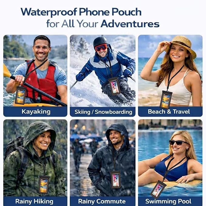 2-Pack IPX8 Floating Waterproof Phone Pouch, Dry Bag with Lanyard, Fits up to 7.2”, Compatible with iPhone 16/15/14/13 Pro Max, Galaxy S25/S24 Ultra, Pixel for Snorkeling, Kayaking(Black-White)