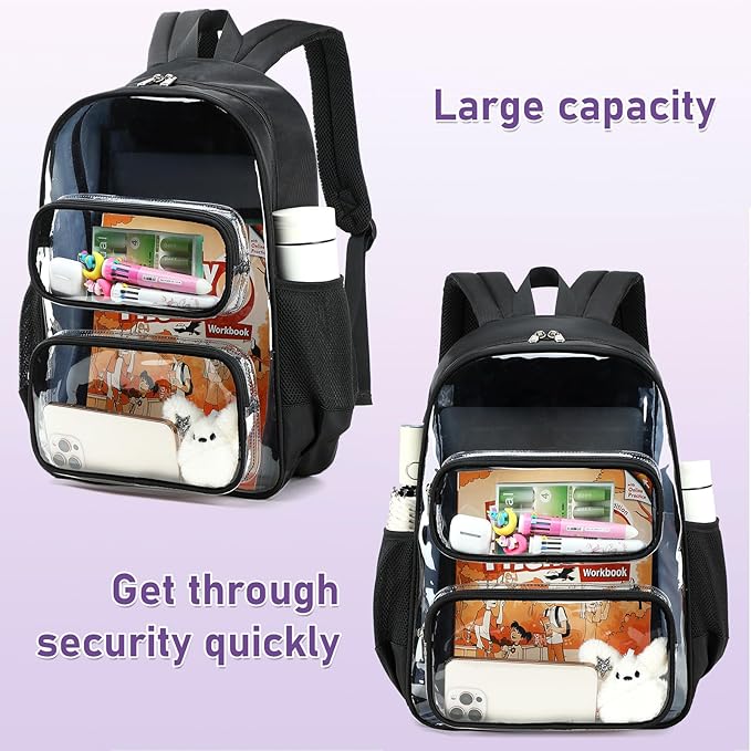 CAMTOP Clear Backpack Heavy Duty Transparent Bag See Through BookBag for Student School Work Festival Sport Travel (Black Cloth)