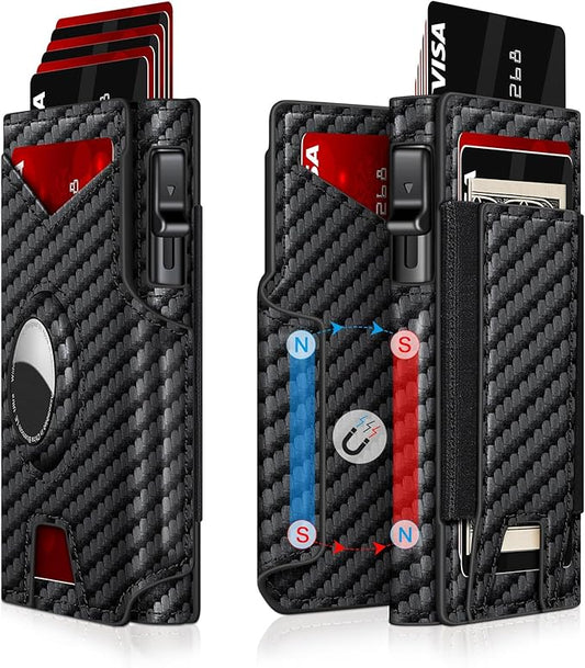 Airtag Wallet for Men, Minimalist Slim Mens Wallet Smart Pop Up Credit Card Holder for 9-13 Cards, RFID Blocking Wallet with ID Window & Cash Slot, Compact Bifold Metal Aluminum Card Case