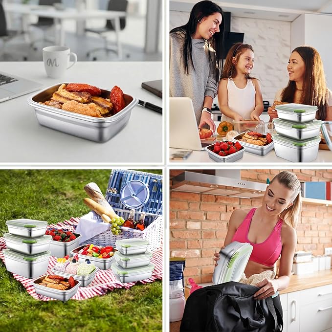 Teecyhooo 12 Pcs 304 Stainless Steel Food Storage Containers with Leakproof Airtight Lids 95/61/28/25/18/12 oz Meal Prep Container Stackable Bento Lunch Snack Box for Kitchen Travel Picnic Camping