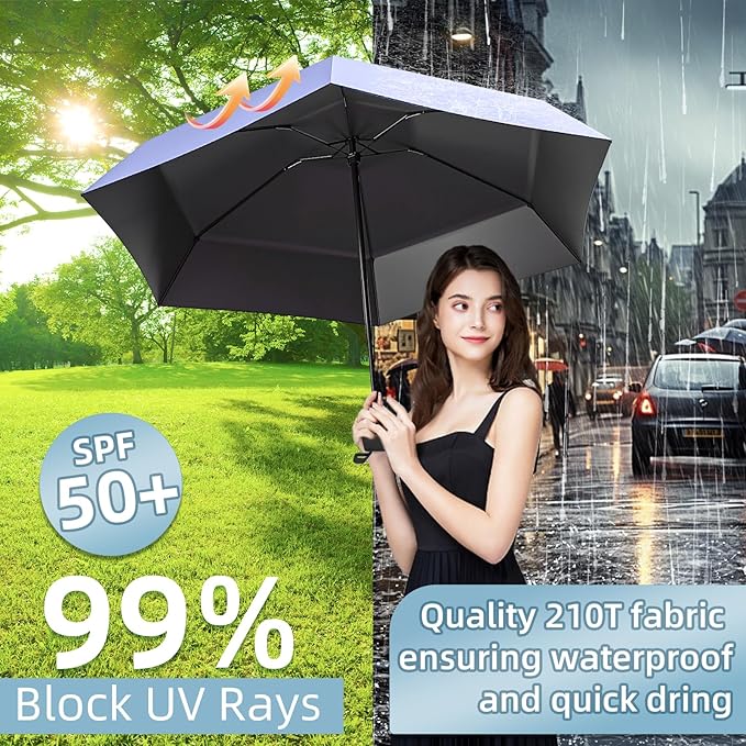 Travel Mini Compact Folding Umbrella with Case - UV Sun & Rain Protection, Lightweight Portable Pocket Umbrella for Women Men Kids, Fits Purse Backpack