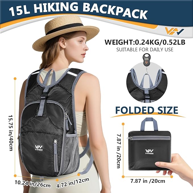 15L Foldable Hiking Backpack,Lightweight Packable Waterproof Machine Washable Daypack with Chest Strap,Small Folding Pack for Travel/Walking for Men&Women-0.52LB Black