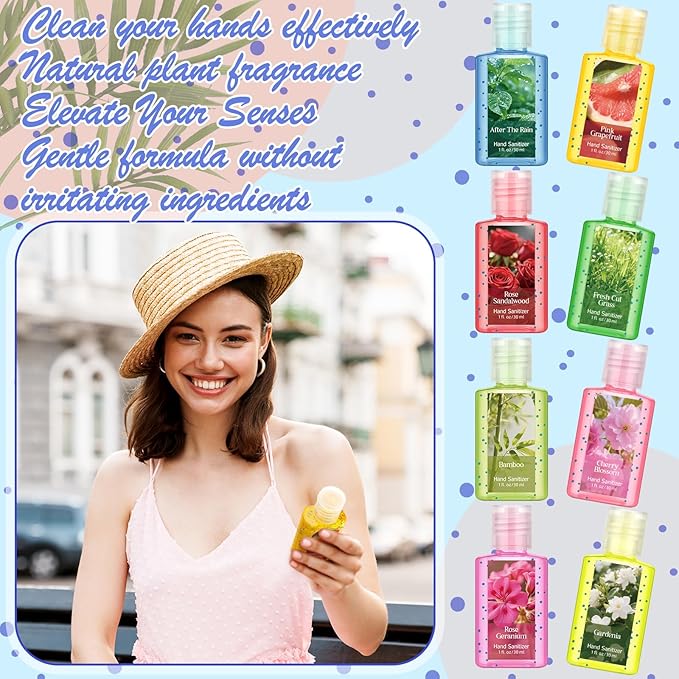 Frienda 24 Pack Mini Hand Sanitizer Bulk Travel Size Perfume Gel Hand Sanitizer Scented Variety 1 Fl oz Pocket Portable for Guest Christmas Stocking Stuffers Nurse Teacher Employee Staff Office Gifts
