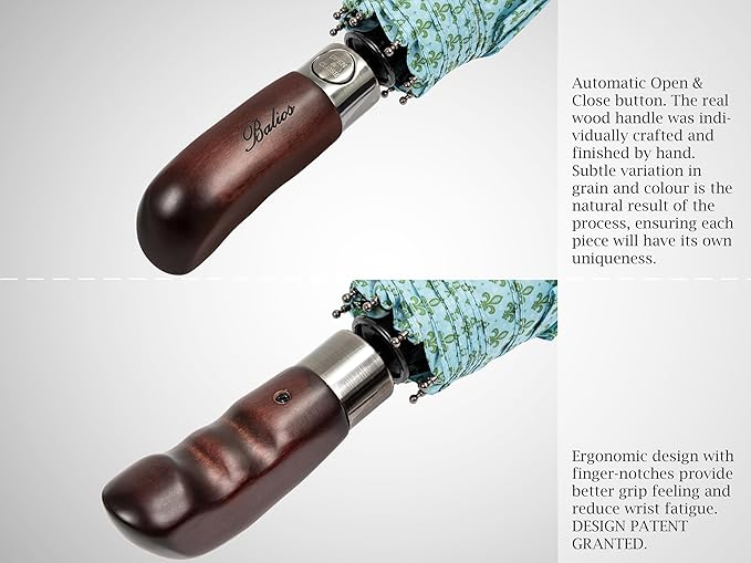 Balios Travel Folding Umbrella with Real Wood Handle Auto Open Close Vented Windproof Canopy - Designed in UK
