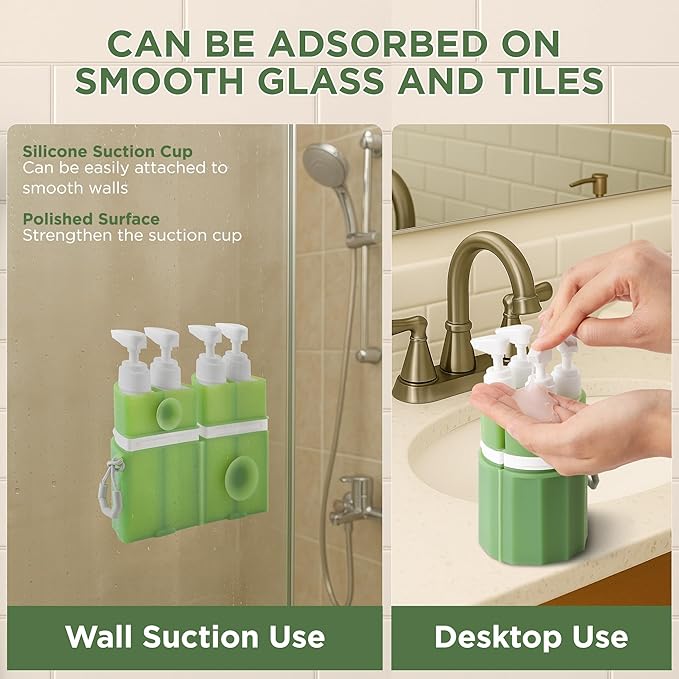 4-in-1 Travel Bottles for Toiletries, TSA Approved Travel Size Toiletries, Leak Proof Refillable Travel Size Shampoo and Conditioner Sets with Wall-Mountable Suction Cup, Green