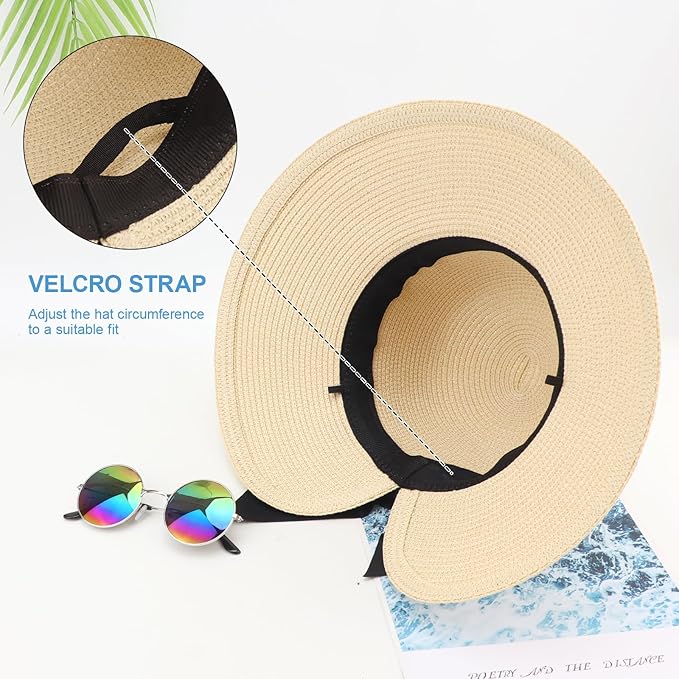 DRESHOW Sun Hats for Women Travel Fedora Foldable Beach Sun Hat Summer Wide Brim Straw Bucket Hat with Bowknot UPF 50+