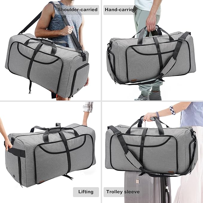 80L Duffle Bag for Travel, Large Foldable Waterproof Travel Duffel Bags Weekender Overnight Bag for Men and Women with Shoe Compartment (Gray)
