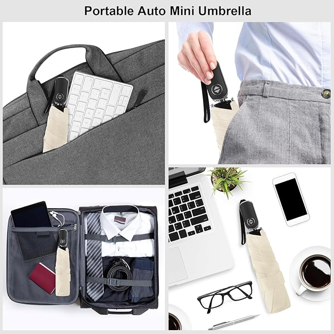 LEAGERA Compact Travel Umbrella for Purse - Flat Handle, Waterproof for Light Rain