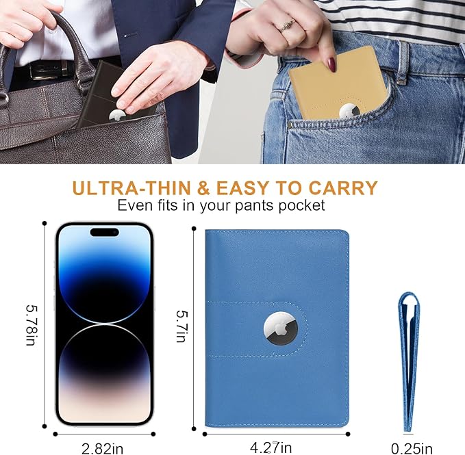 Genuine Leather Passport Holder for Travel Passport Covers with AirTag Slot Passport Wallets for Men Women Family Travel Christmas Gifts, Mens Womens Passport Holder, Blue