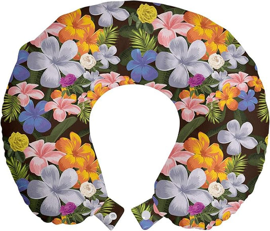 Ambesonne Tropical Travel Pillow Neck Rest, Interpretation of Colorful Various Endemic Hawaiian Flowers, Memory Foam Traveling Accessory for Airplane and Car, 12", Charcoal Grey Multicolor