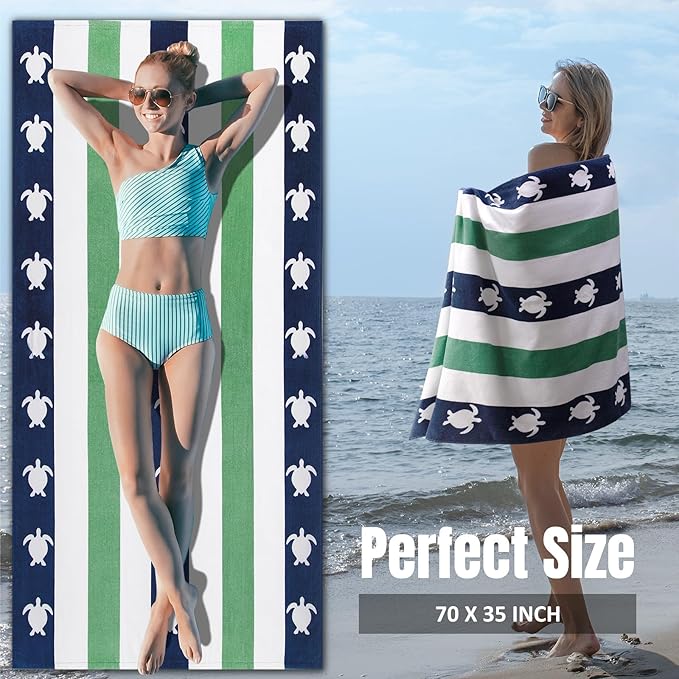 cabanana Large Beach Towel Oversized - Cotton Velour 35 x 70 Inch Sea Turtle Striped Terry Pool Towel, Cabana Soft Swimming Towel for Adults Women Men (Navy Feldspar)