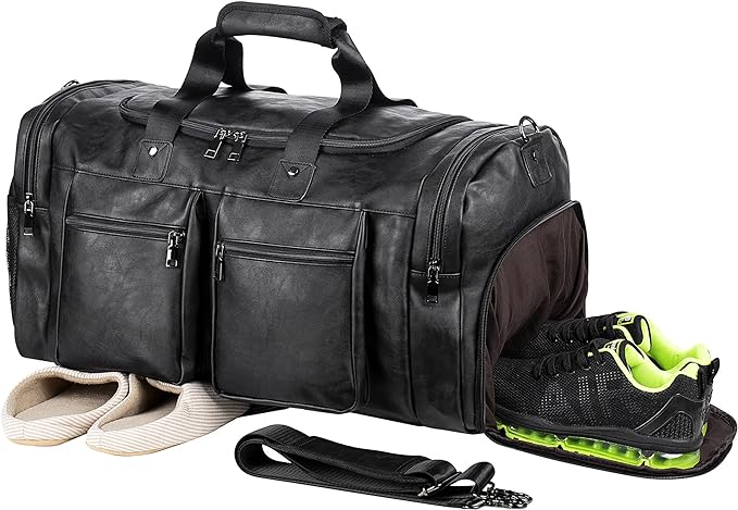 Travel Bag with Shoe Pouch,Weekender Overnight Bag Leather Large Carry On Bag