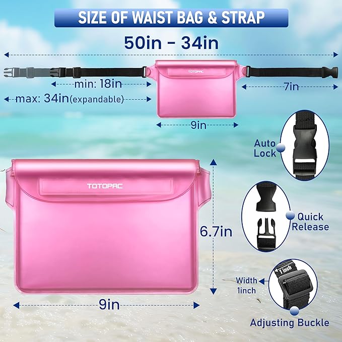 2-Pack Waterproof Fanny Pack, Phone Pouch with Waist Strap, 9x6.7 Inch Dry Bag for Phone, Cash, and Valuables – for Swimming, Kayaking, Boating, Snorkeling, and Water Sports (2, Pink + Blue)