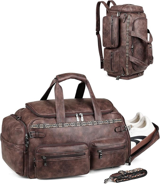 FADEON Duffle Bag for Women, Large Convertible Carry on Overnight Backpack, Designer Leather Mens Weekend Bags for Travel