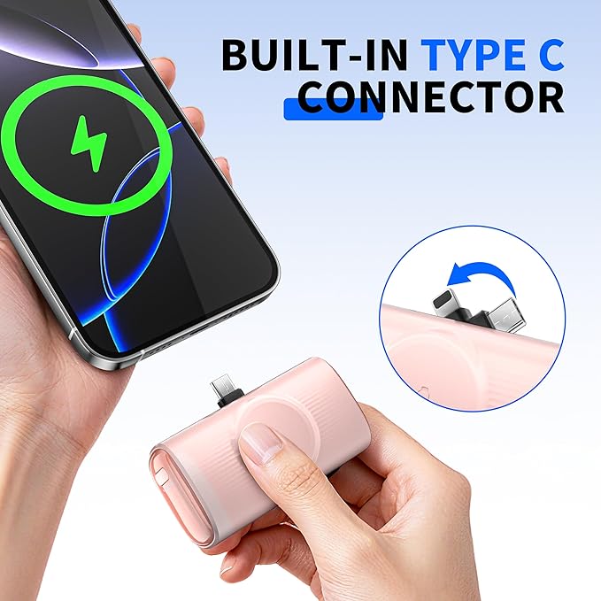 ZBF Portable Charger, 5000mAh Pocket-Size Power Bank, 20W PD Fast Charging with Built-in USB-C Charging Port, Travel Battery Pack for Apple Watch Ultra SE/11/10/9/8 Phone 17/16/15 etc. (Light Pink)