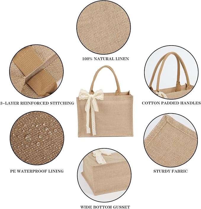 12pcs Burlap Tote Bag Set with Handles, Waterproof Reusable Blank Water Resistant Grocery Bags with Ribbon Large Jute Tote 15.35*6*12 Inch for Women Bridesmaid Gift Beach Shopping Wedding Travel DIY