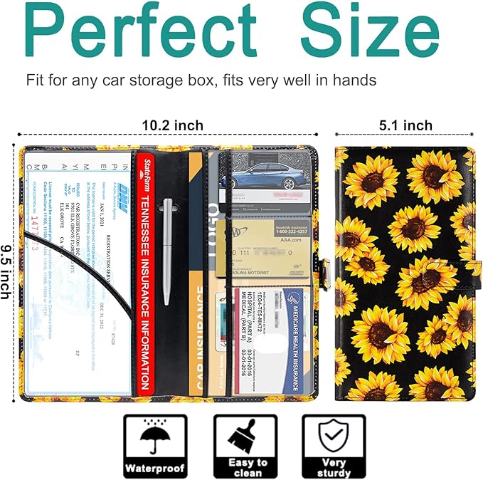 RSAquar Car Registration & Insurance Holder - Leather Glove Box Organizer, Cool Accessories for ID, Driver's License Cards & Essential Documents, Men & Women, Sunflower