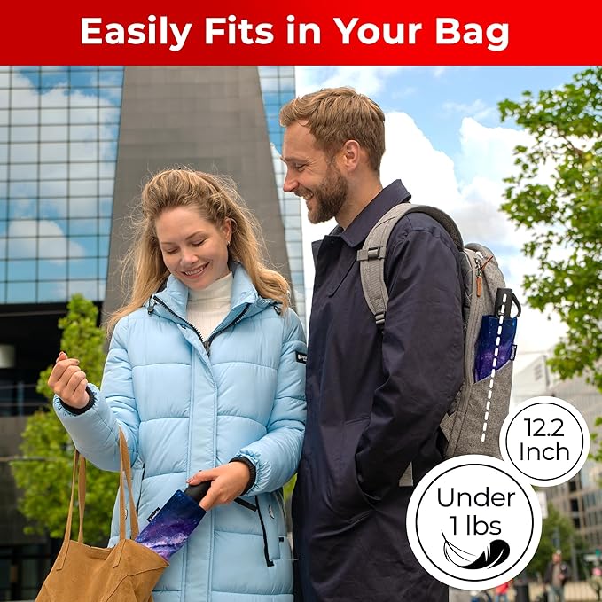 TUMELLA Flip-proof Inverted Travel Umbrella, Small Strong but Light Portable and Automatic Reverse Folding Rain Umbrella, Durable Premium Grip, Fits Car & Backpack