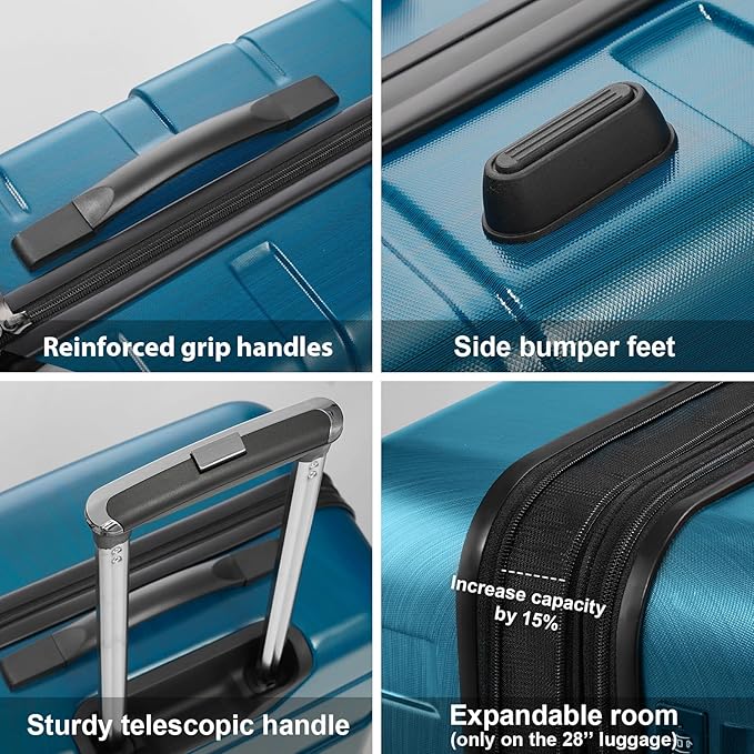 Coolife Luggage PC+ABS Expandable Hardshell Suitcase with TSA Lock, Spinner Checked Lightweight (Caribbean Blue, 28in)