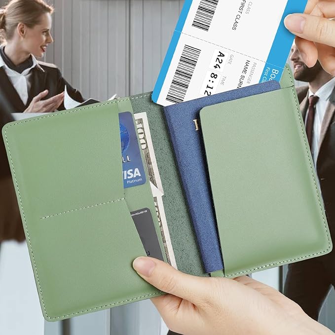 Full Grain Leather AirTag Passport Holder Wallet Cover for Men and Women Travel, Passport Holder with AirTag Slot Passport Wallet, Travel Essentials Genuine Leather Passport Cover Gifts (Green)